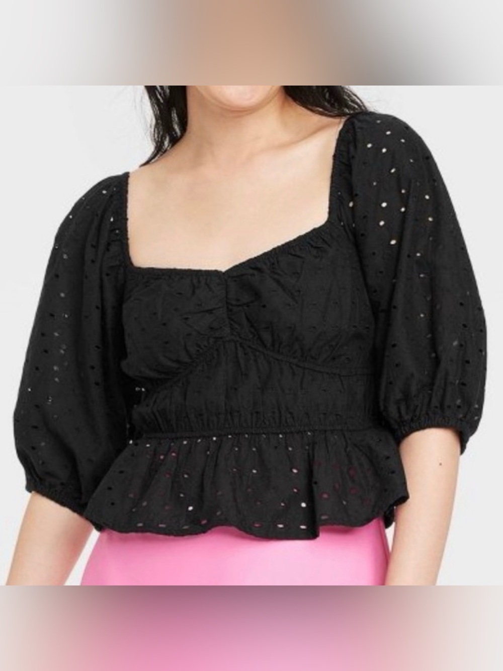 New Day Eyelet Puff-Sleeve Blouse. Sz XL BLACK